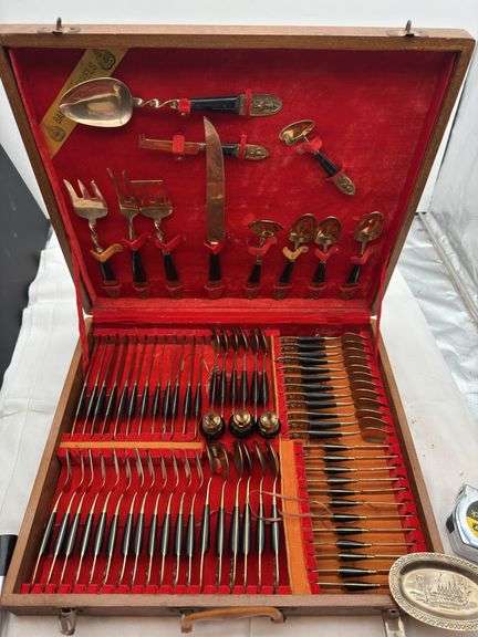 12pc Siam Brass Flatware and Serving Pieces w/ Buddha, Teakwood Handle