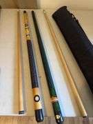 Pool balls, chalk, Budweiser, camel and other cues etc