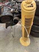 Tower fan, roll of plastic, fishing pole, shop sweeper