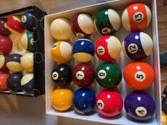 Pool balls, chalk, Budweiser, camel and other cues etc