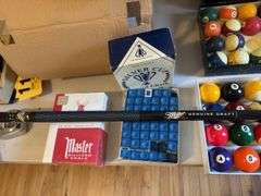Pool balls, chalk, Budweiser, camel and other cues etc