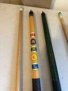 Pool balls, chalk, Budweiser, camel and other cues etc