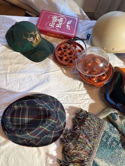 Sony player, heater, hats, mantle clock, etc