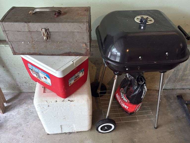 Coolers, charcoal grill