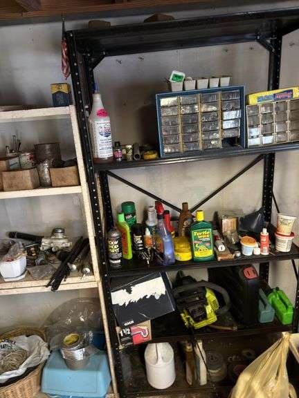 Back wall shelves and contents