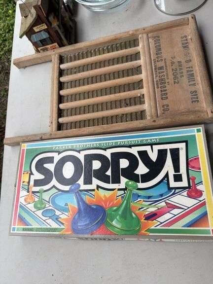 Washboard, sorry board game, dishes etc