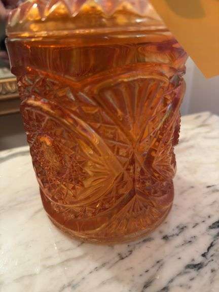 Carnival glass biscuit jar