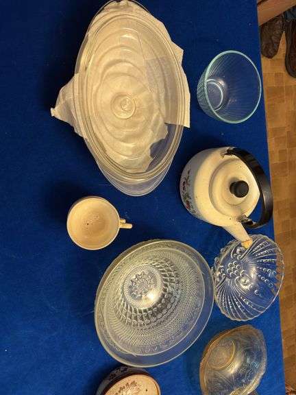 Assorted dishes, tea kettle etc