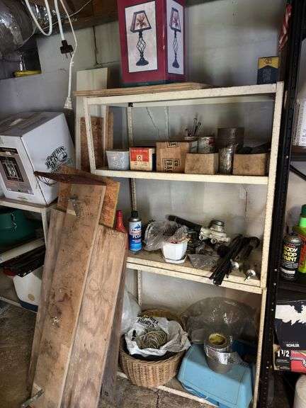 Back wall shelves and contents