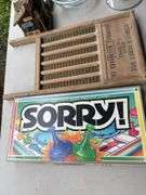 Washboard, sorry board game, dishes etc