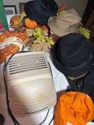 Sony player, heater, hats, mantle clock, etc