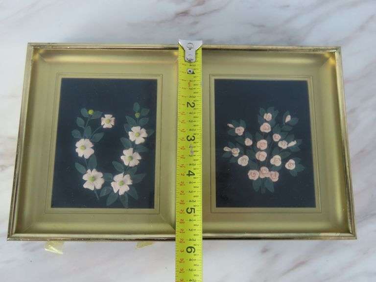 Lot of 2 Framed Porcelain Flower Wall Hangings