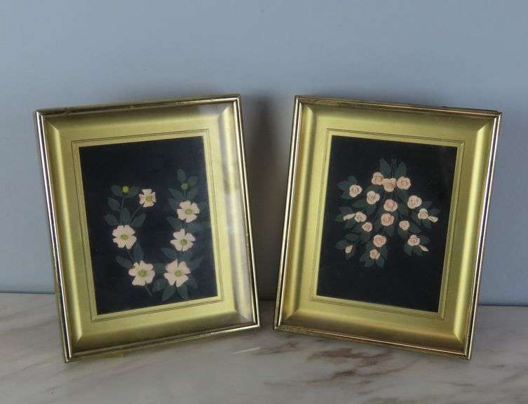 Lot of 2 Framed Porcelain Flower Wall Hangings
