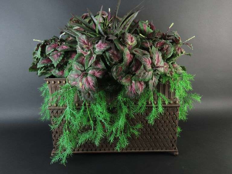 Large Metal Planter with Faux Foliage