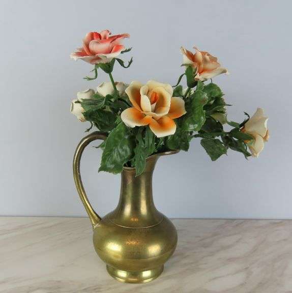 Vintage Brass Pitcher of Faux Porcelain Flowers - See Description