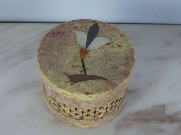Small Carved Lidded Trinket Dish with Inlay Lid