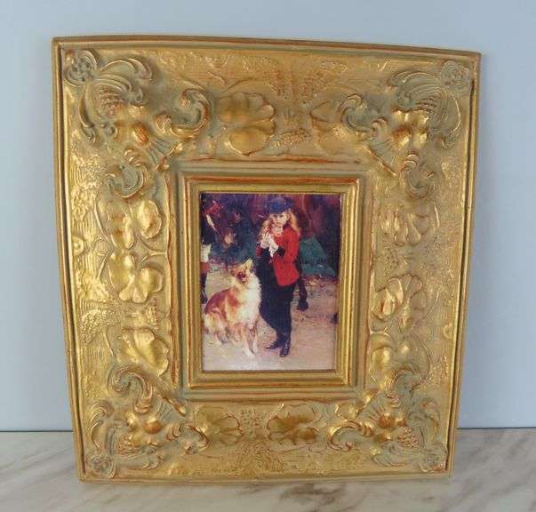 Framed Painting on Board of a Woman with a Dog