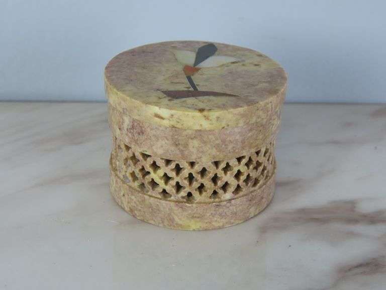 Small Carved Lidded Trinket Dish with Inlay Lid