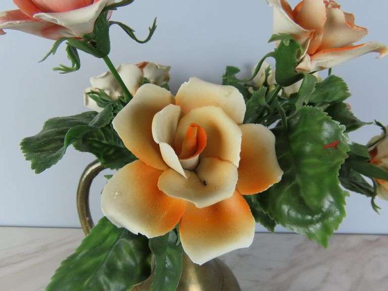Vintage Brass Pitcher of Faux Porcelain Flowers - See Description