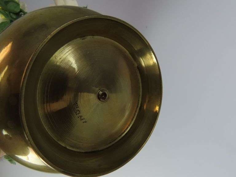 Vintage Brass Pitcher of Faux Porcelain Flowers - See Description