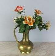 Vintage Brass Pitcher of Faux Porcelain Flowers - See Description