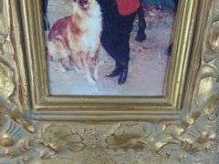Framed Painting on Board of a Woman with a Dog