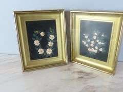 Lot of 2 Framed Porcelain Flower Wall Hangings