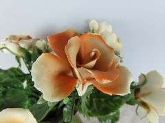 Vintage Brass Pitcher of Faux Porcelain Flowers - See Description