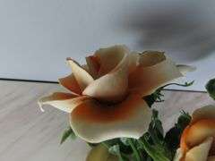 Vintage Brass Pitcher of Faux Porcelain Flowers - See Description