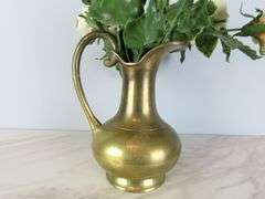 Vintage Brass Pitcher of Faux Porcelain Flowers - See Description