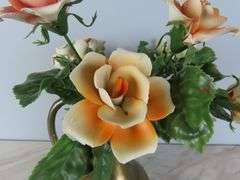 Vintage Brass Pitcher of Faux Porcelain Flowers - See Description