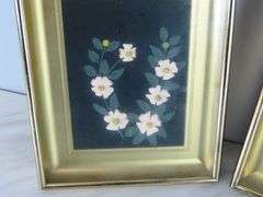 Lot of 2 Framed Porcelain Flower Wall Hangings