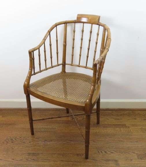 Beautiful Vintage Faux Bamboo & Cane Bottom Barrel Chair by Baker or Century