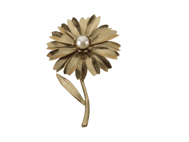 Vintage Gold Tone Flower Brooch with Faux Pearl