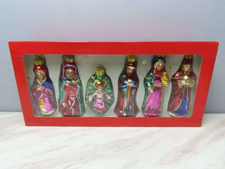 Box of 5 Glass Nativity Christmas Ornaments in Original Box