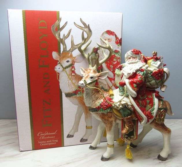 Large Fitz & Floyd Cardinal Christmas Santa & Stag Centerpiece