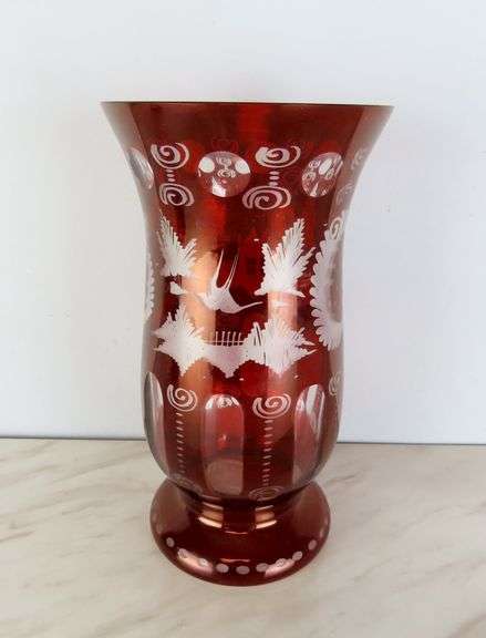 Beautiful Vintage Egermann Bohemian Ruby Red Cut to Clear Vase