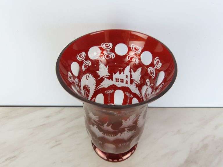 Beautiful Vintage Egermann Bohemian Ruby Red Cut to Clear Vase