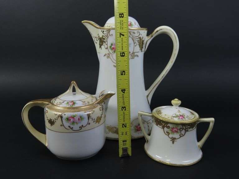 Vintage Handpainted Nippon Chocolate Pot with Lidded Sugar Bowl & Creamer - Made in Japan