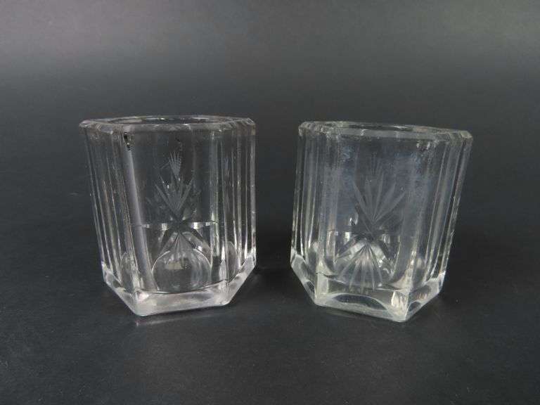 Lot of 2 Etched Crystal Toothpick Holders