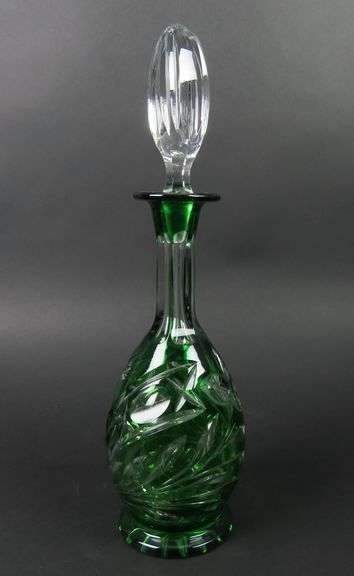 Beautiful  Green Cut to Clear Decanter with Stopper
