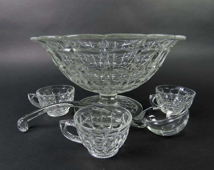 Vintage "Constellation Clear" Pedestal Punch Bowl with 3 Cups & Glass Ladle