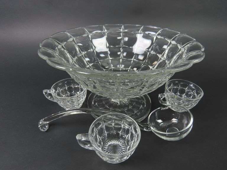 Vintage "Constellation Clear" Pedestal Punch Bowl with 3 Cups & Glass Ladle