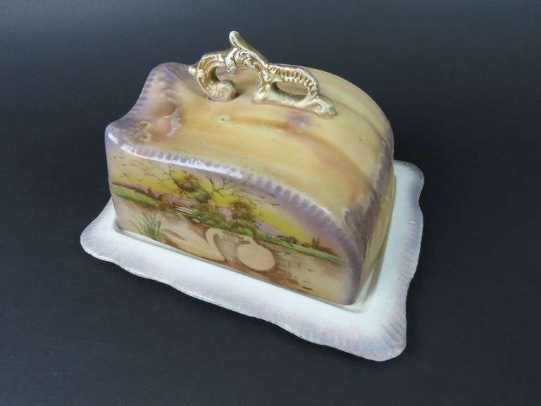 Large Antique Handpainted Lidded Cheese Dish