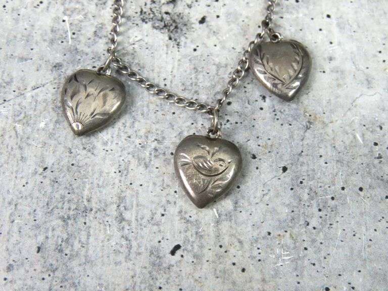 7" Sterling Silver Bracelet with Etched Heart Pendants - 8g