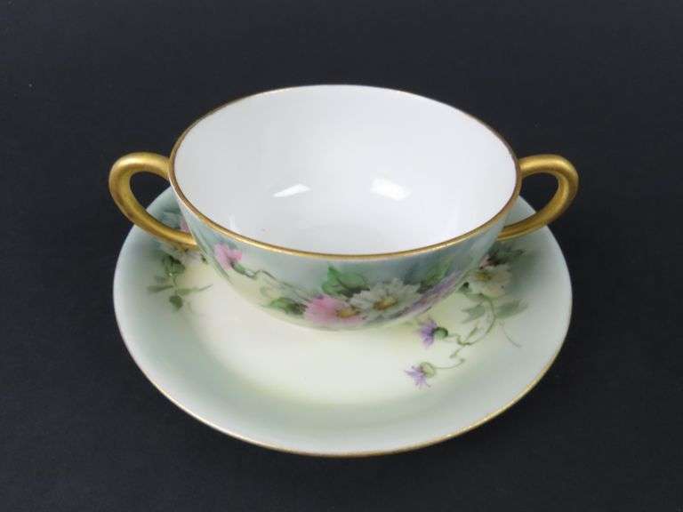Antique Limoges Double Handled Tea Cup & Saucer