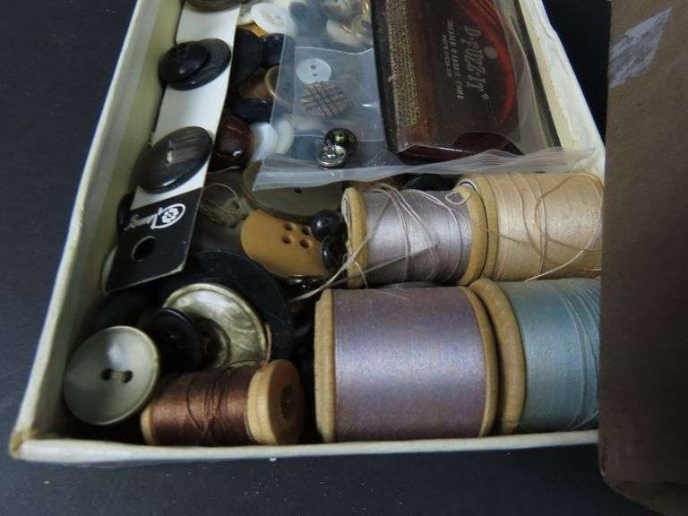 Box of Vintage Sewing Notions with Buttons