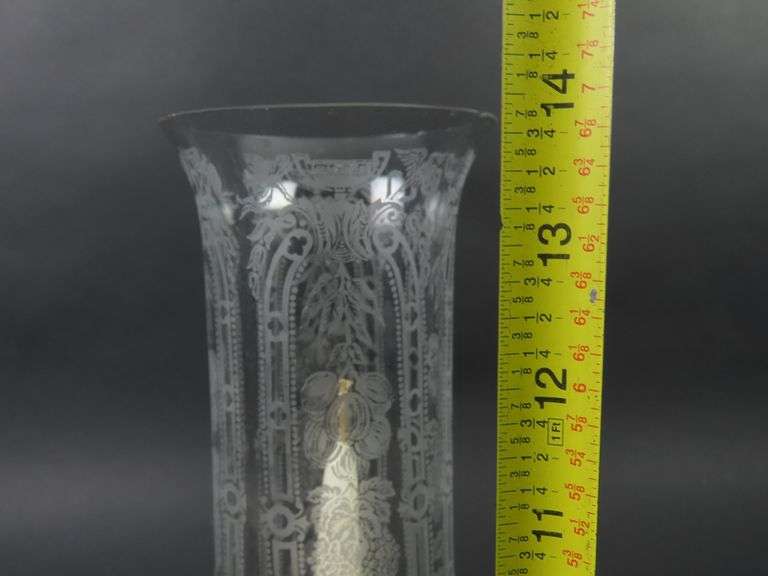 Tall Antique Brass Candlestick with Etched Glass Chimney #2 - See Description