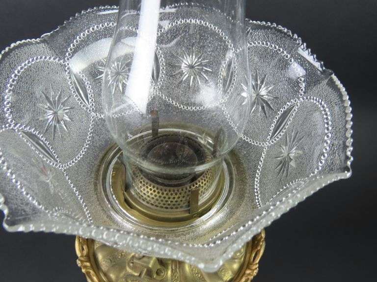 Tall 26.5" Banquet Gold Tone Oil Lamp with Shade & Chimney