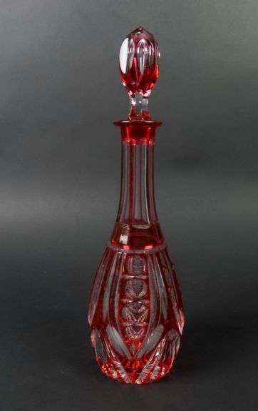 Beautiful 12.25" Red Cut to Clear Decanter with Stopper